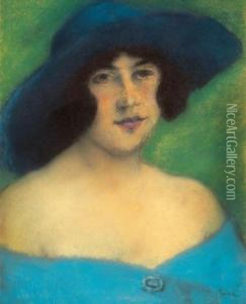 Portrait Of A Woman In A Blue Hat Oil Painting - Jozsef Rippl-Ronai