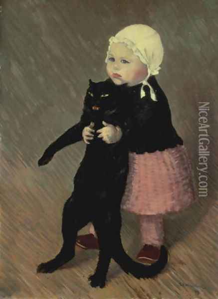 A Small Girl with a Cat, 1889 Oil Painting - Theophile Alexandre Steinlen