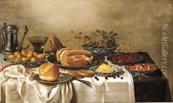 A pewter jug, a Berkemeyer, pears, peas and gooseberries, white currants, fraises-de-bois and butter in Wan-Li porcelain dishes, a leg of ham Oil Painting - Floris Gerritsz. van Schooten