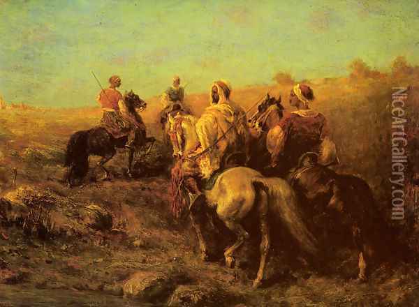 Arabian Horseman near a Watering Place Oil Painting - Adolf Schreyer