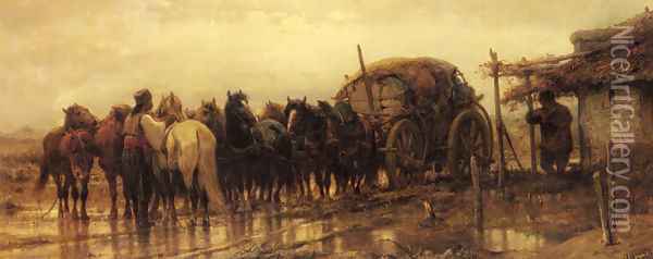 Hitching Horses to the Wagon Oil Painting - Adolf Schreyer