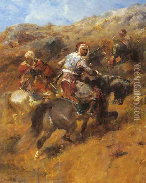 Arab Warriors On A Hillside Oil Painting - Adolf Schreyer
