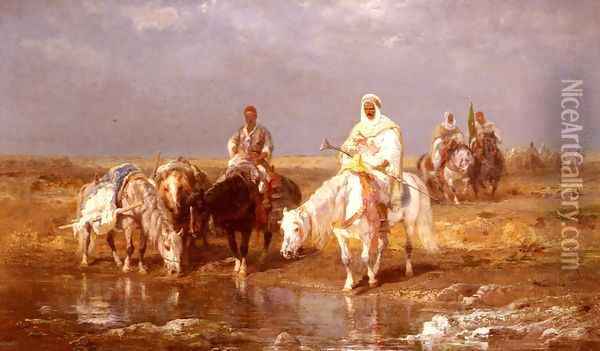 Arabs Watering Their Horses Oil Painting - Adolf Schreyer