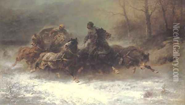 Hunted by wolves Oil Painting - Adolf Schreyer