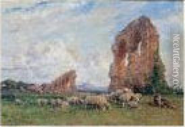 Berger Et Son Troupeau, Pres Des Ruines D'un Aqueduc Romain Oil Painting - Henri Julien Rousseau