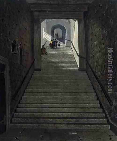 The Ancient Staircase, Windsor Castle, from Royal Residences, engraved by R. Reeve, pub. by William Henry Pyne 1769-1843, 1818 Oil Painting - James Stephanoff