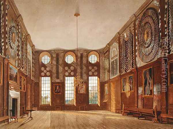 The Guard Chamber, Hampton Court, from The History of the Royal Residences, engraved by Richard Reeve b.1780, by William Henry Pyne 1769-1843, 1819 Oil Painting - James Stephanoff