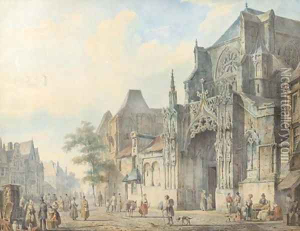 A townview with figures on a church square Oil Painting - Cornelis Springer