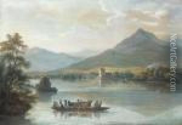 Ross Castle, Killarney, With Villagers On A Ferryboat Oil Painting - Paul Sandby