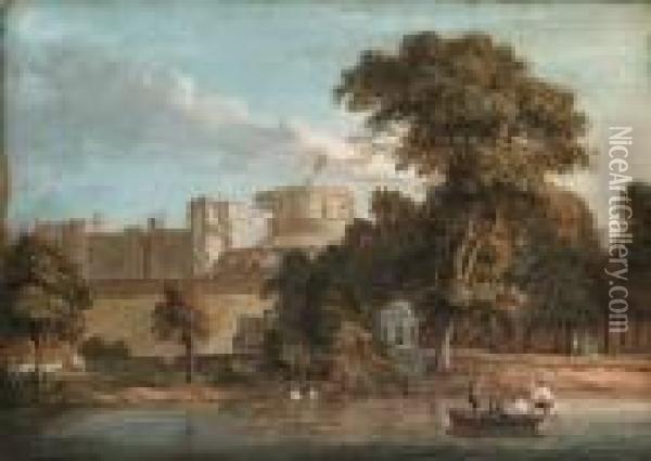 Windsor Castle, From The Thames Near Romney Island, Berkshire Oil Painting - Paul Sandby