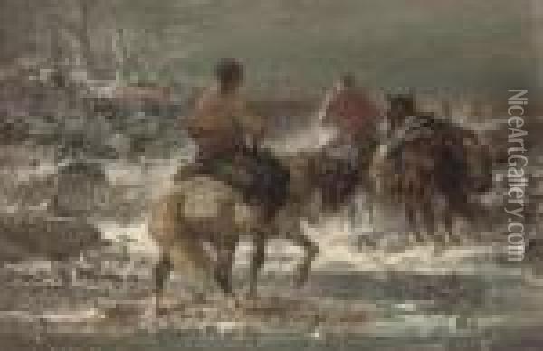 Cossaks In A Winter Landscape Oil Painting - Adolf Schreyer