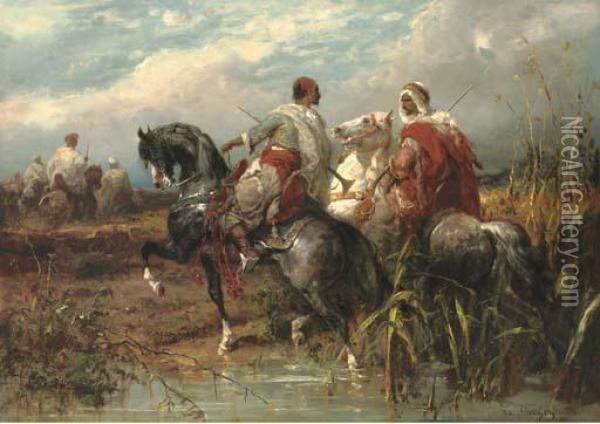 Two Arabs Fording A Stream Oil Painting - Adolf Schreyer