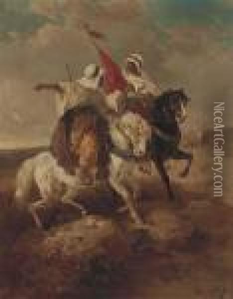 Arab Warriors In A Desert Oil Painting - Adolf Schreyer