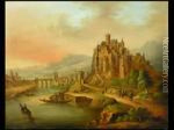 Flusslandschaft Mit Stadt Und Burg Oil Painting - Christian Georg Schuttz II