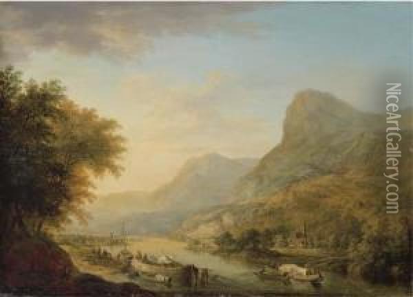 A Mountainous River Landscape With A Town Beyond Oil Painting - Christian Georg Schuttz II