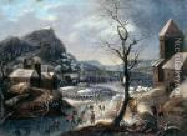 Pejzaz Zimowy Z Lyzwiarzami Oil Painting - Christian Georg Schuttz II