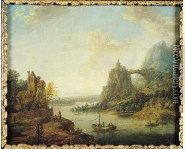 Vue De La Vallee Du Rhin Animee De Pecheurs Et De Paysans Oil Painting - Christian Georg Schuttz II