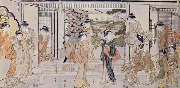 Young women with a basket of chrysanthemums Oil Painting - Katsukawa Shunsho