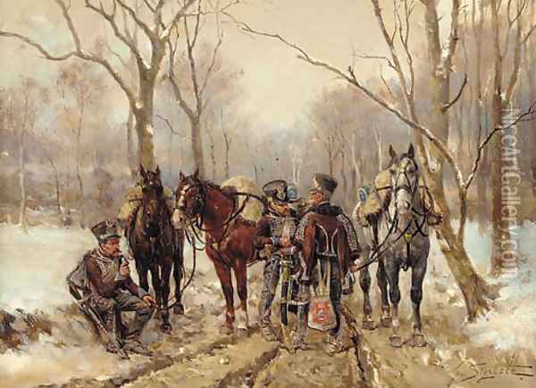 French hussars in a winter landscape Oil Painting - Guido Sigriste