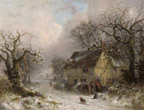 Figures And Animals Before A Farmhouse In A Snow Covered Landscape Oil Painting - Thomas Smythe