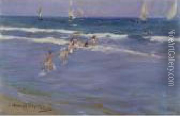Ninos En El Mar (children In The Sea) Oil Painting - Joaquin Sorolla Y Bastida