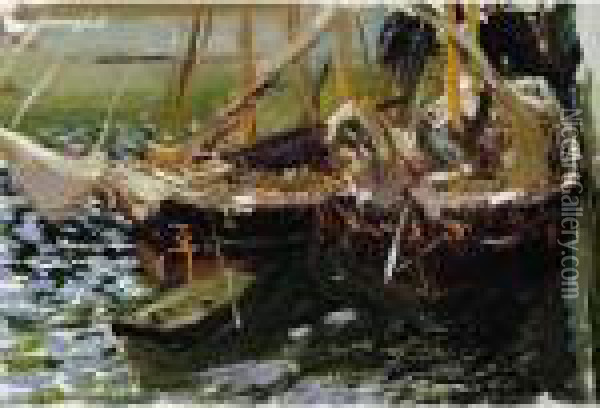 Barcas En El Puerto (boats In Port) Oil Painting - Joaquin Sorolla Y Bastida