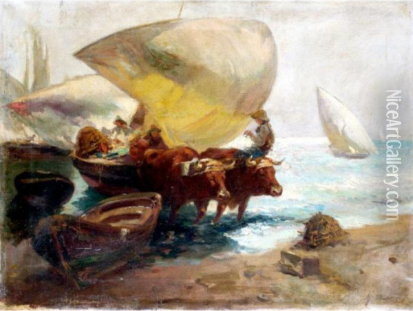 Bulls Pulling A Boat Oil Painting - Joaquin Sorolla Y Bastida
