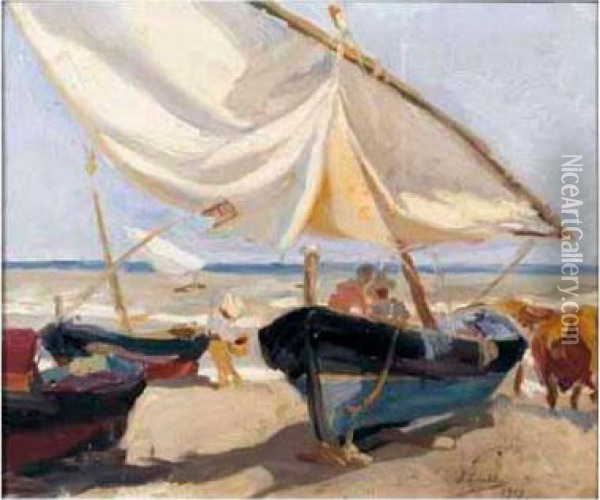 Barcas En La Playa (boats On The Beach) Oil Painting - Joaquin Sorolla Y Bastida
