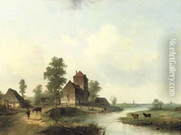A polder landscape with figures by a bridge Oil Painting - Louis Smets