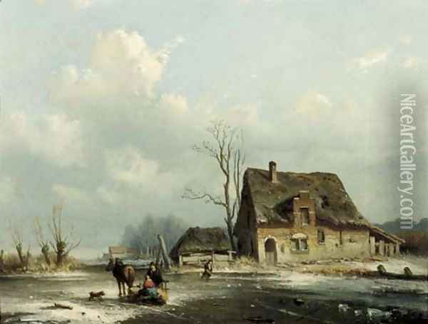A horse-drawn-sledge on a frozen waterway Oil Painting - Louis Smets