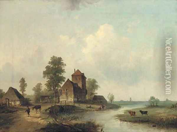 Figures by a bridge, a Dutch hamlet Oil Painting - Louis Smets