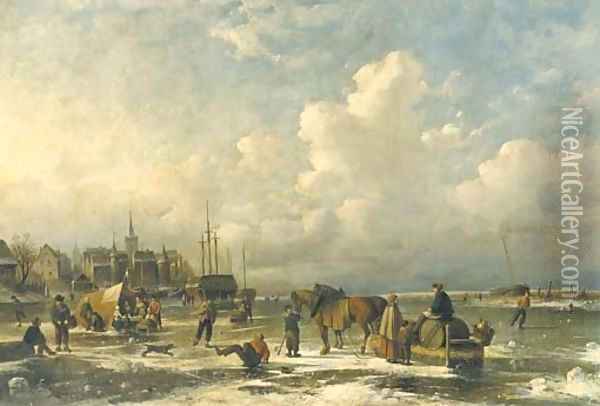 Figures and skaters on a frozen lake Oil Painting - Louis Smets