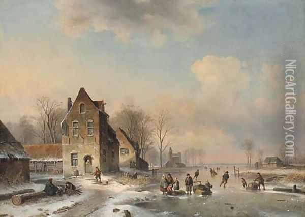 Skaters on a frozen river Oil Painting - Louis Smets