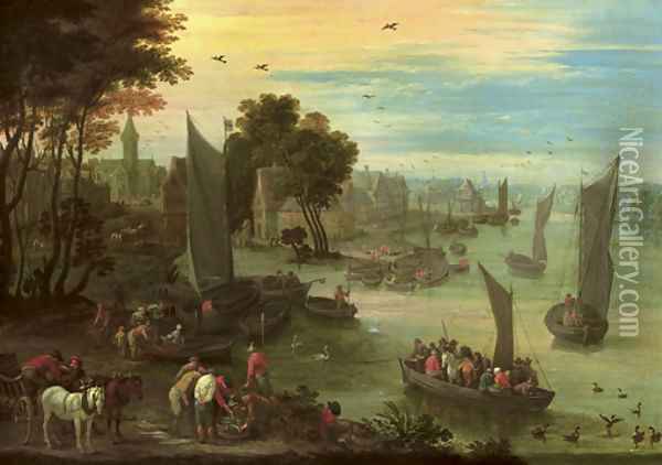 A river landscape with numerous figures in sailing boats, fishermen gathered around their catch in the foreground, a town beyond Oil Painting - Mathys Schoevaerdts