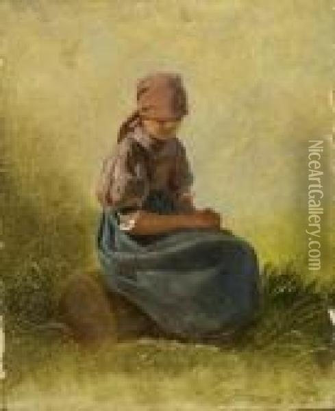 Sitzendes Bauernmadchen Mit
 Kopftuch Und Blauem Rock. Oil Painting - Carl Spitzweg