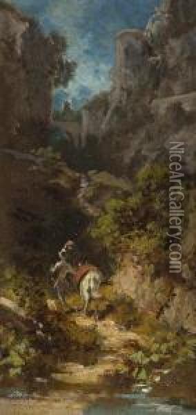 De La Mancha Mit Seinem Pferd 
Rosinante In Einer Felsschlucht Vor Einer Burg Auf Bergeskuppe Rechts. 
Rucks. Nachlasstempel, Zwei Stempel 