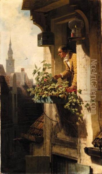 A Man Watering Flowers In A Window Box Oil Painting - Carl Spitzweg