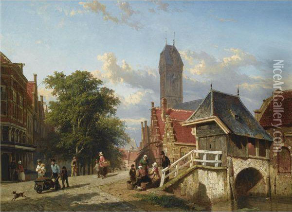 The Fishmarket And Bridge In Oudewater Oil Painting - Cornelis Springer