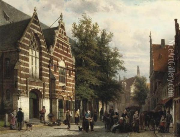Activities In Front Of The Westerkerk, Enkhuizen Oil Painting - Cornelis Springer