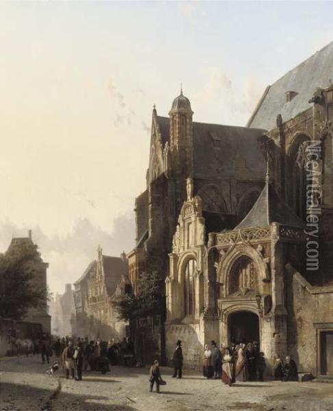 Numerous Figures Leaving Church In A Sunlit Street Oil Painting - Cornelis Springer