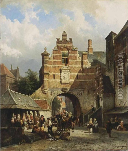 A Fishmarket In A Dutch Town Oil Painting - Cornelis Springer