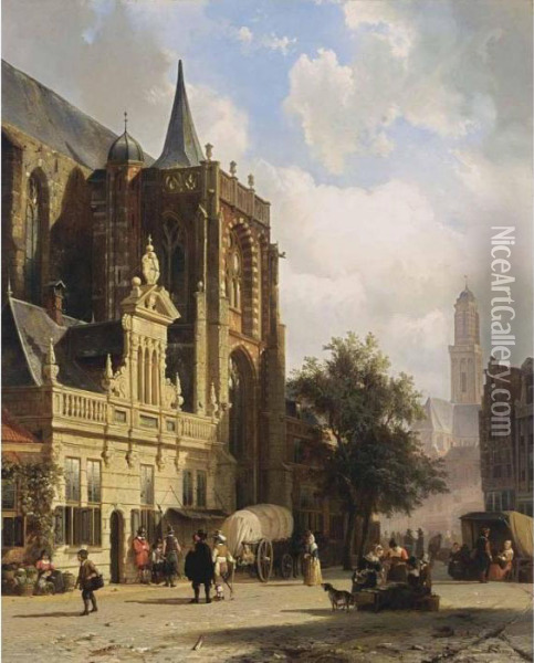 A View Of The Grote Markt, Zwolle Oil Painting - Cornelis Springer