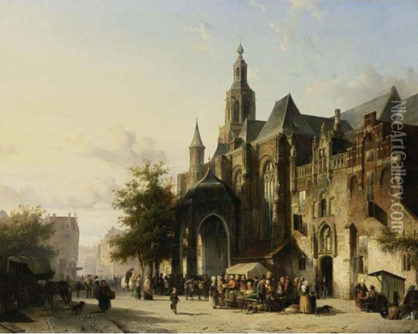 Many Figures On A Market Square In Front Of The St. Stevens Church, Nijmegen Oil Painting - Cornelis Springer