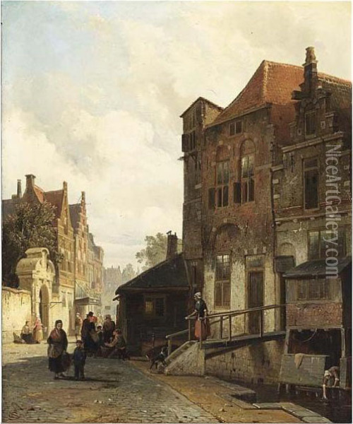 Villagers In A Dutch Town Oil Painting - Cornelis Springer