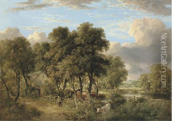 On The Yare: A Wooded River Landscape With Cattle, A Figure And Acottage Oil Painting - James Stark