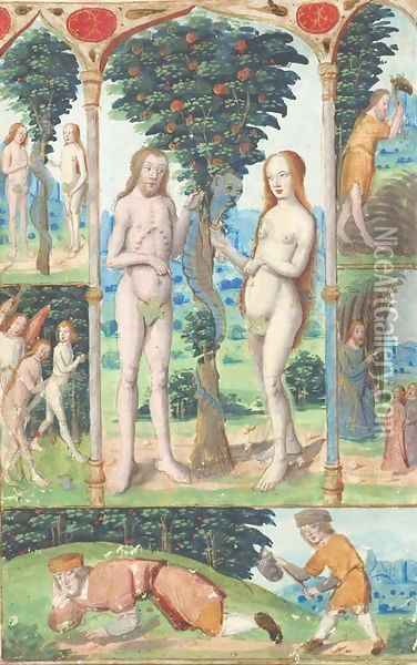 Adam and Eve with the Tree of Knowledge surrounded by the story of Adam and Eve Oil Painting - French School