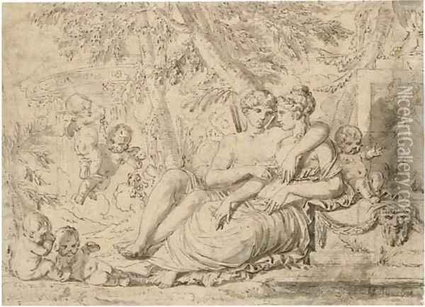 Venus and Adonis with cupids in a bower Oil Painting - French School