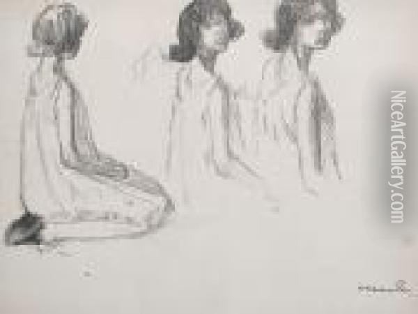 Three Studies Of A Young Girl Oil Painting - Theophile Alexandre Steinlen