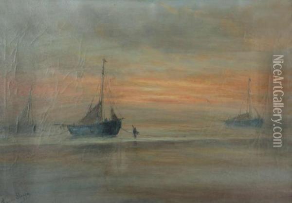 Vissersboten Bij Het Strand Bij Valavond Oil Painting - Romain Steppe
