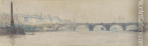 Waterloo Bridge From The Thames, Looking East, With Somerset House And St Paul's Beyond Oil Painting - Arthur Ernest Streeton